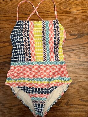 Anthropologie One Piece Swimsuit Geo Print Ruffle Waist Strappy Back Boho